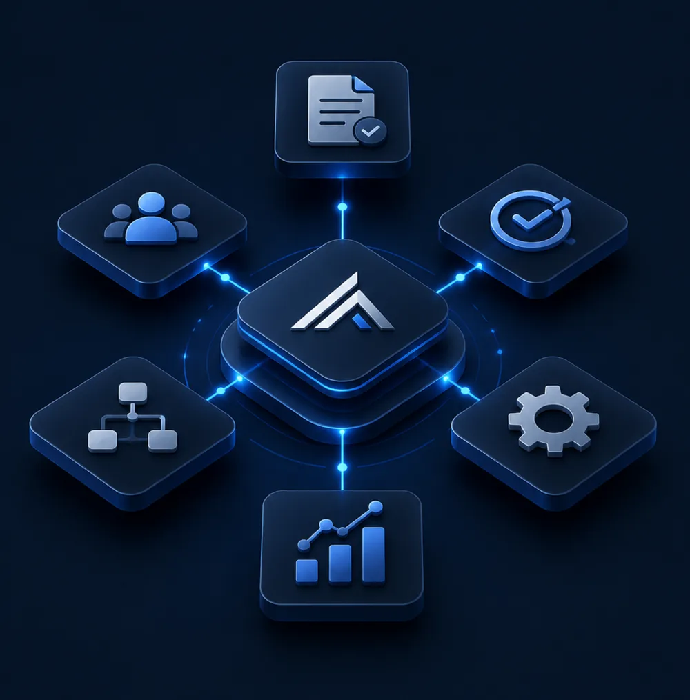 The Mountop mark at the center of a system, connected to tiles for documents, teams, approvals, workflows, settings, and reporting