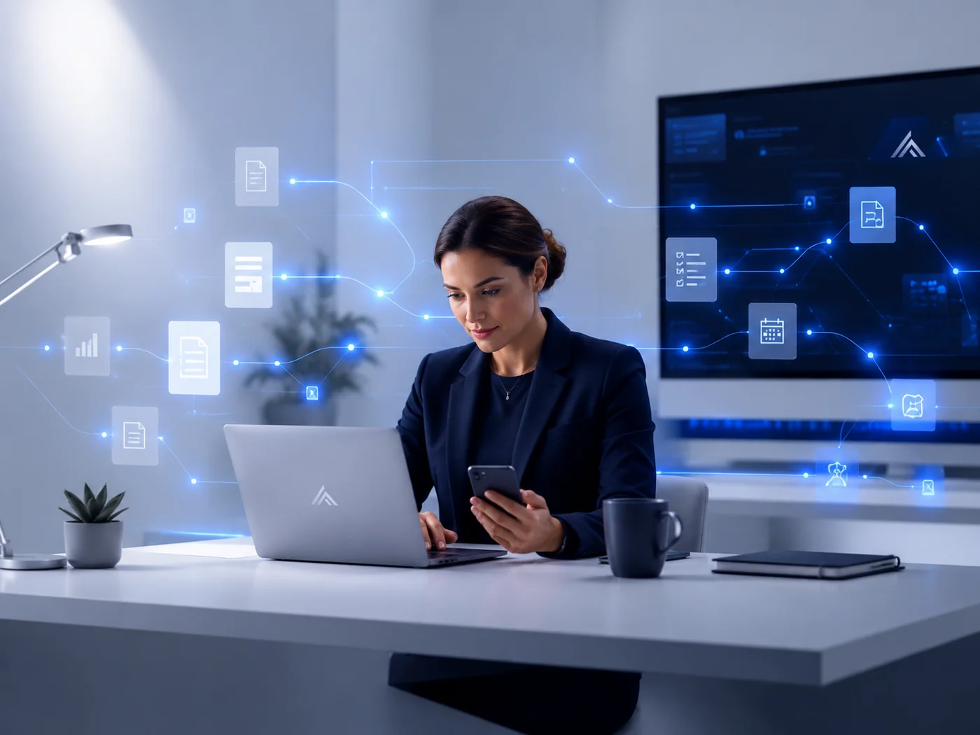 A professional working at her desk while automated workflows run across her screens