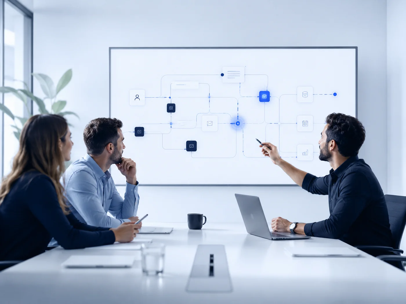 A Mountop consultant mapping a client's workflow on a whiteboard with the team